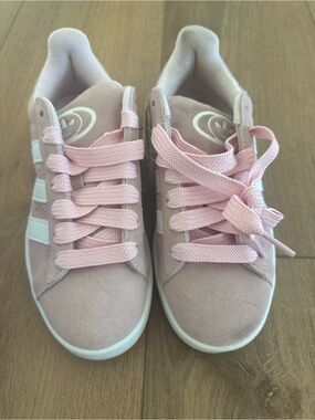adidas Kids Pink Suede Sneakers with White Stripes